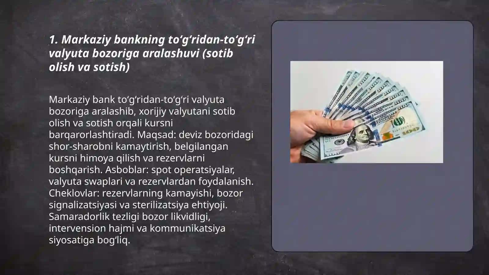 Davlat valyuta kursini boshqarish uchun foydalanadigan usullar 3