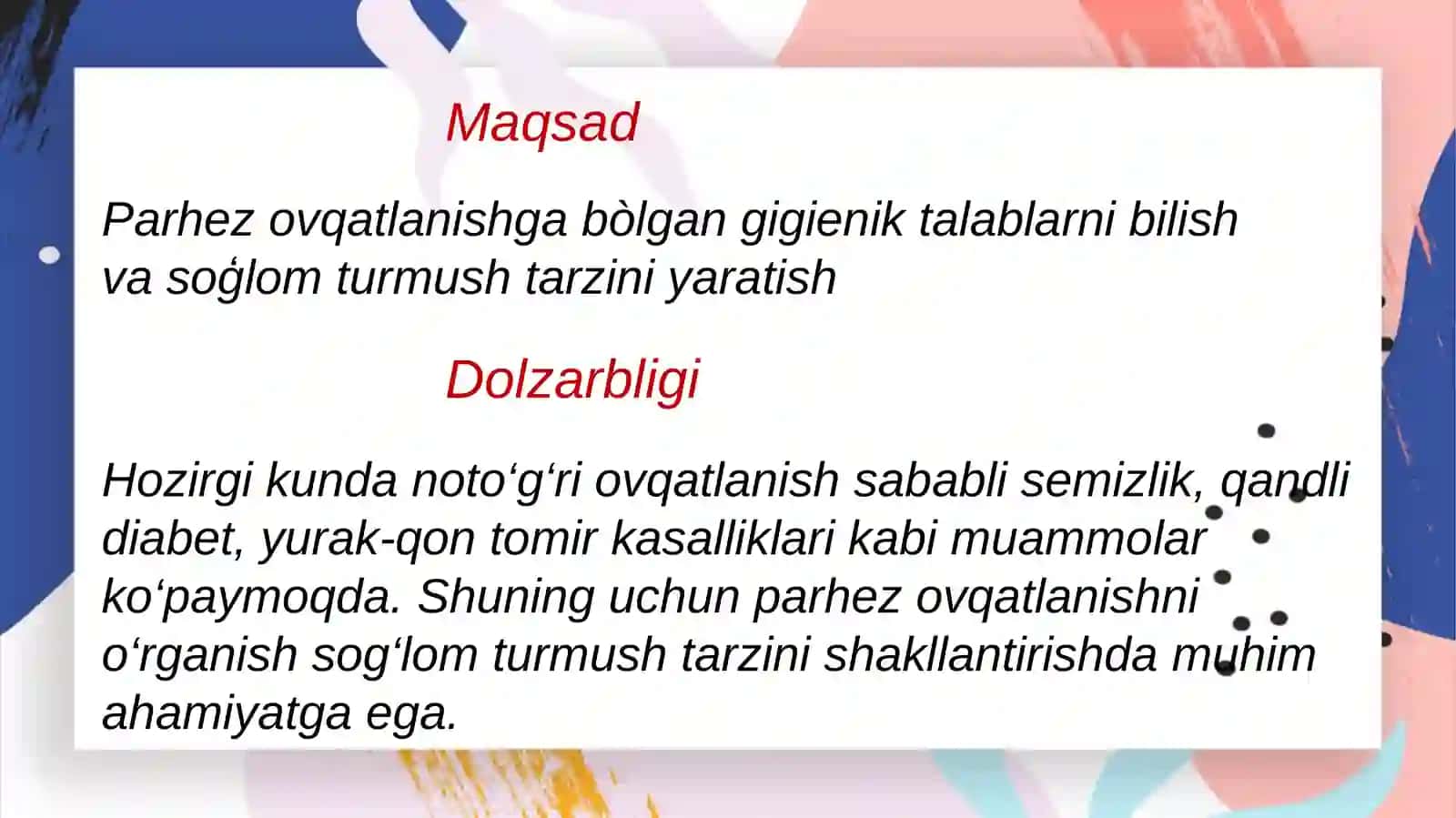 Parhez ovqatlanishni o’rganish va unga baho berish 3