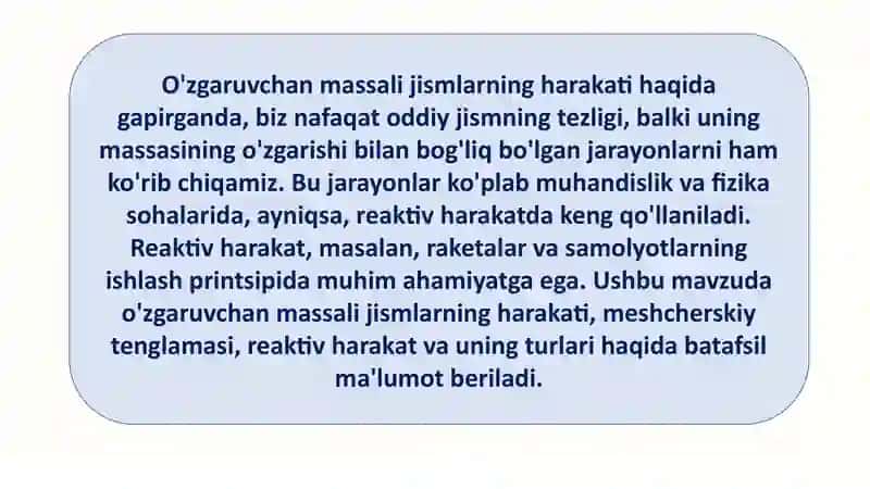 O'zgaruvchan Massali Jismlarning Harakati: Reaktiv Harakat 3