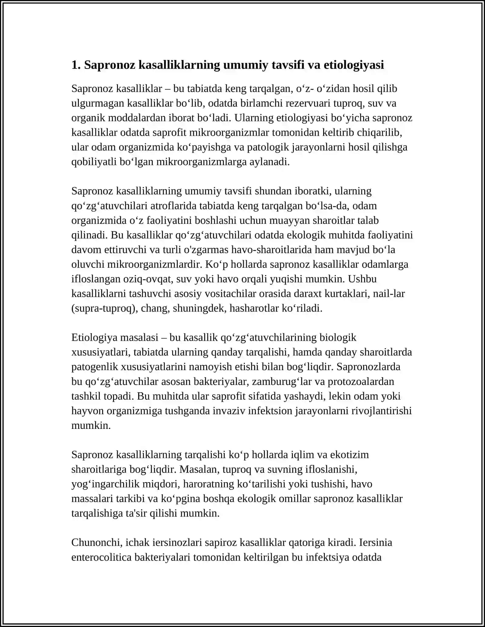SAPRONOZ KASALLIKLAR. ICHAK IYERSINOZLARI. SOXTA SIL. GEOLMENTOZLAR, BIOGELMENTLAR 3