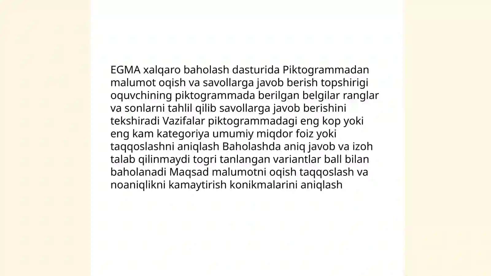 EGMA xalqaro baxolash dasturida"Ma'lumot va noaniqlik" mazmun soxasiga oid topshiriqlar 3