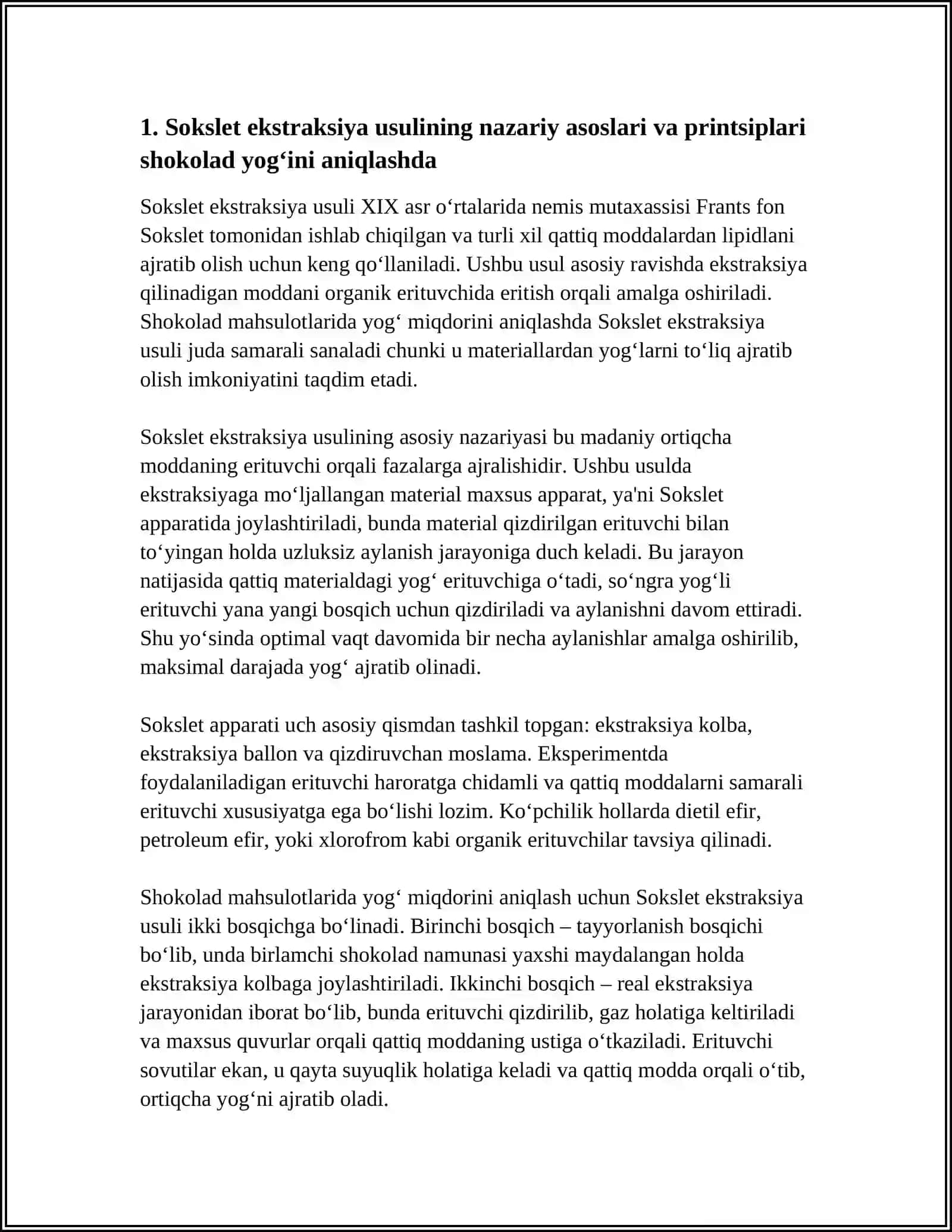 SHOKOLAD MAHSULOTLARIDA YOG‘ MIQDORINI ANIQLASH – SOKSLET EKSTRAKSIYA USULI 3