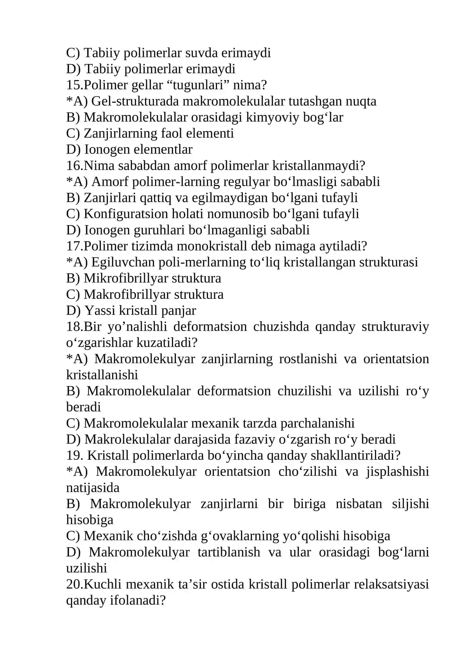 YUQORI MOLEKULYAR BIRIKMALAR KIMYOSI FANIDAN TEST. 3