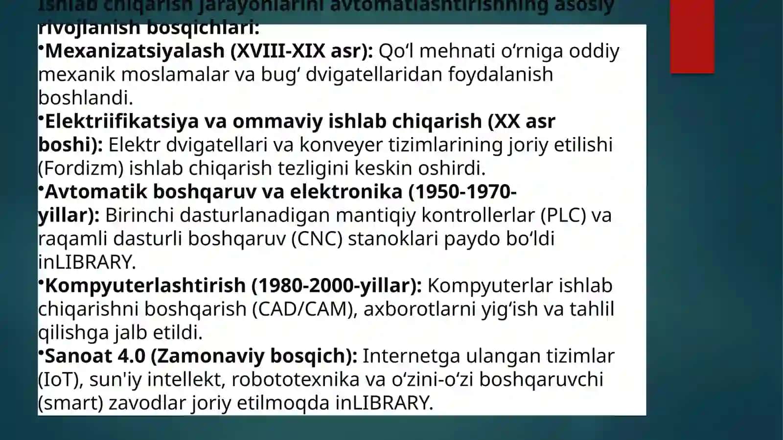 Ishlab chiqarish jarayonlarini avtamatlashtirishning rivojlanish tarixi 3