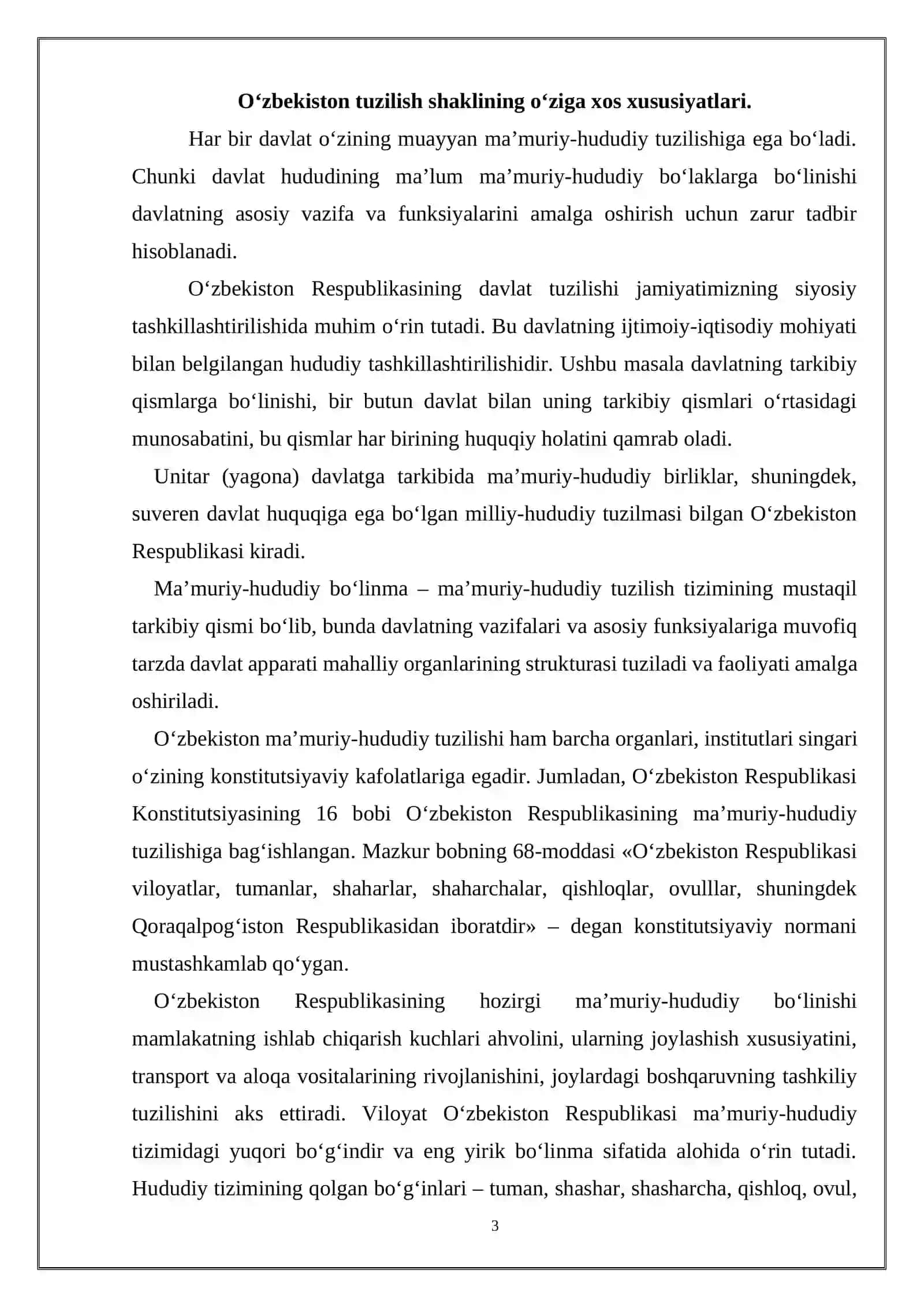 “O‘ZBEKISTON RESPUBLIKASIDA DAVLAT SHAKLINING O‘ZIGA XOS XUSUSIYATLARI” MAVZUSIDAGI KURS ISHI 3