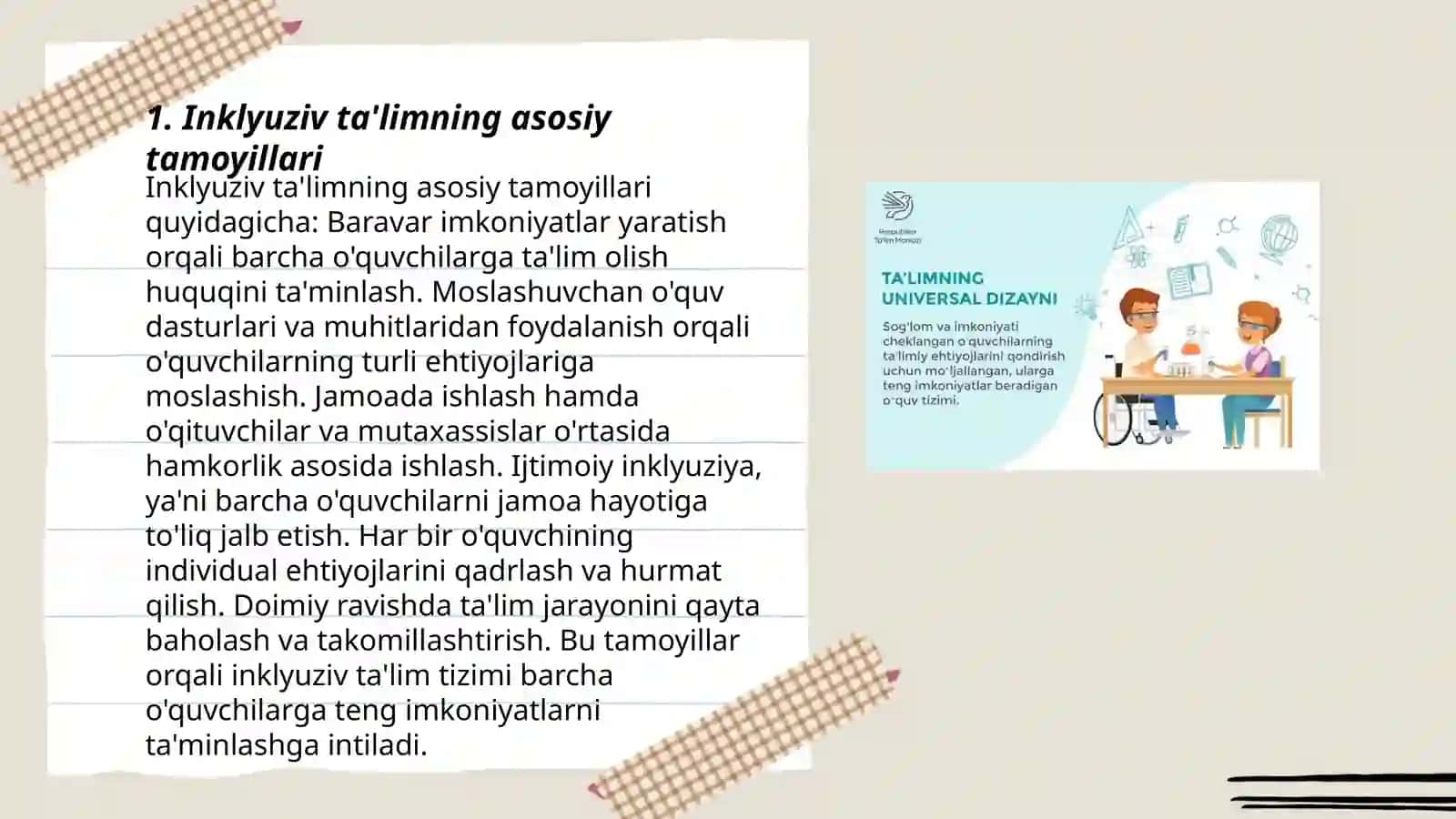 Inklyuziv ta'limning tamoyillari va unga boʻlgan ehtiyojlar uning sabablari bosqichlari 3