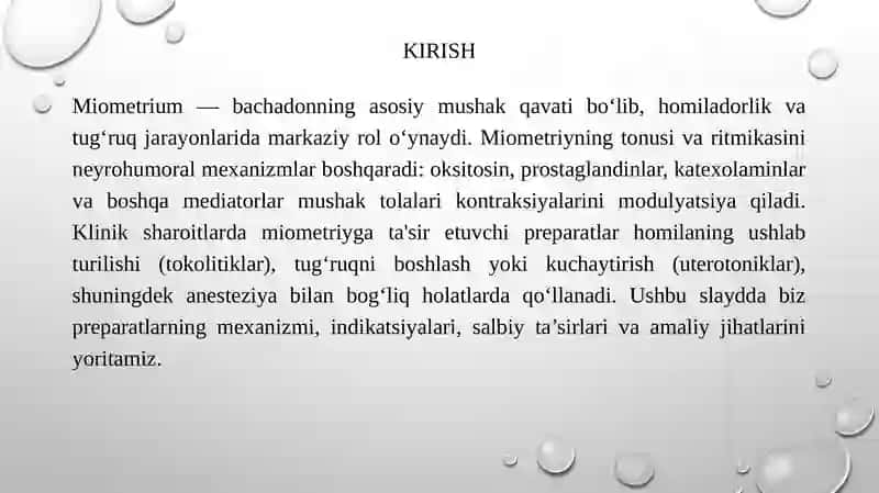 Miometriyga ta'sir etuvchi vositalar. Narkoz vositalari. 3