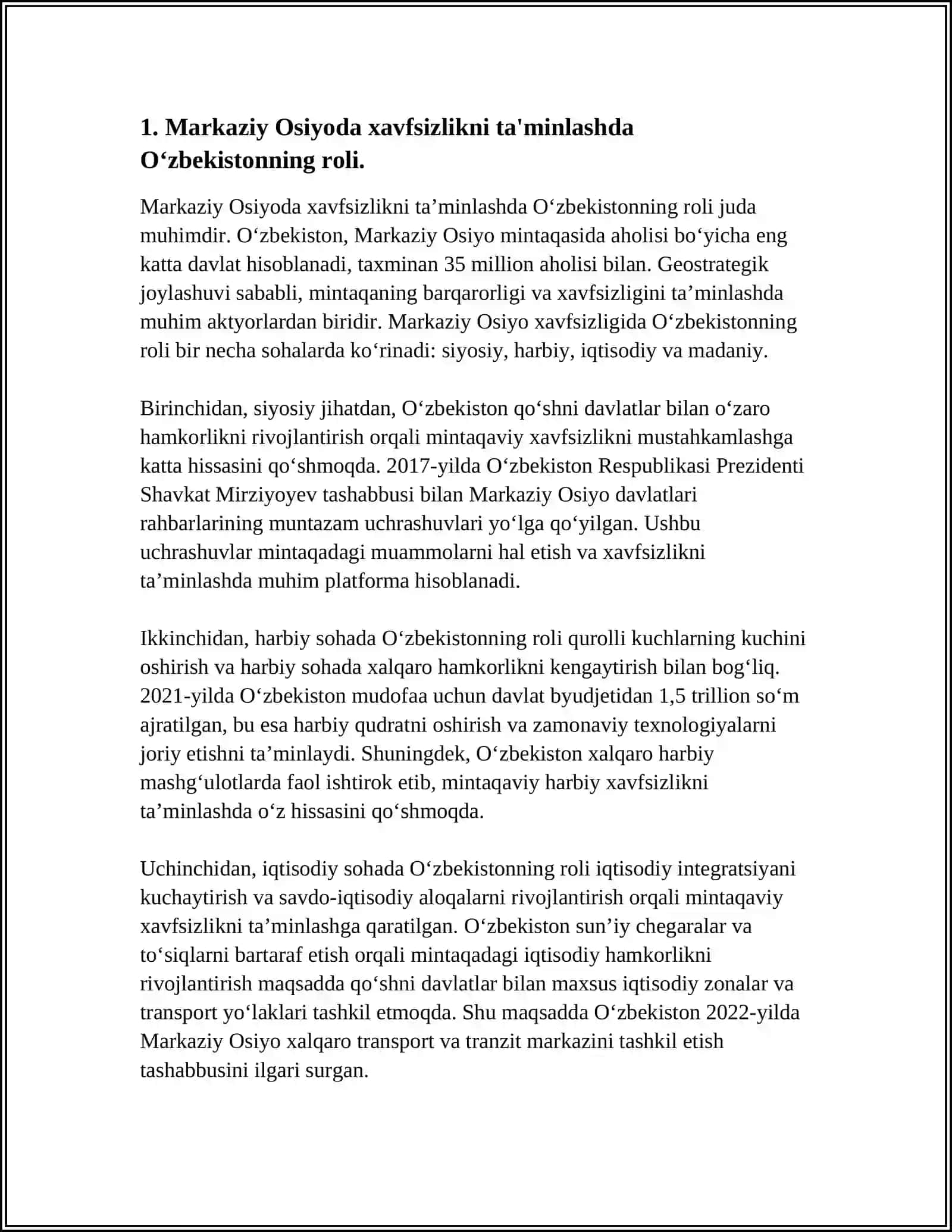 O'ZBEKISTONNING MARKAZIY OSIYODA TINCHLIK VA BARQARORLIKNI TA'MINLASHDAGI O'RNI 3