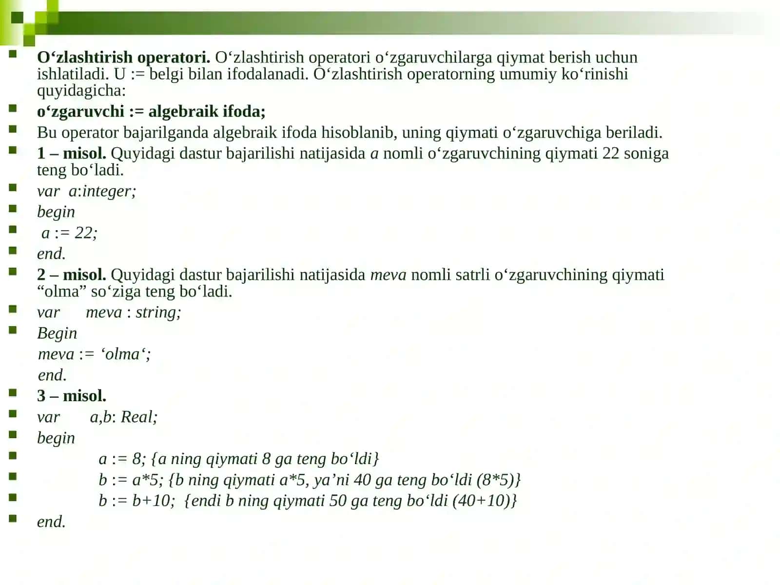 O’zlashtirish va ma’lumotlarni ekranga chiqarish operatorlari 3