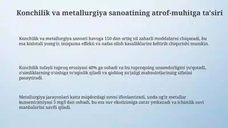 Konchilik va Metallurgiya sanoati atrof-muhitga ta'siri 3