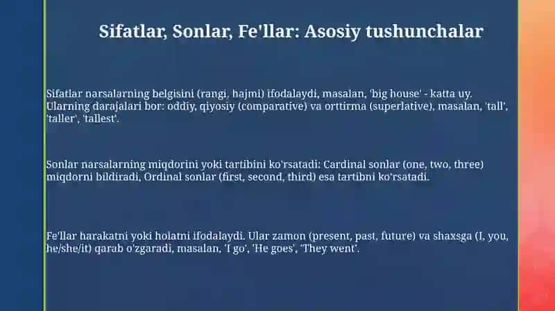 Sifatlar, Sonlar, Fe'llar: Asosiy Tushunchalar 3
