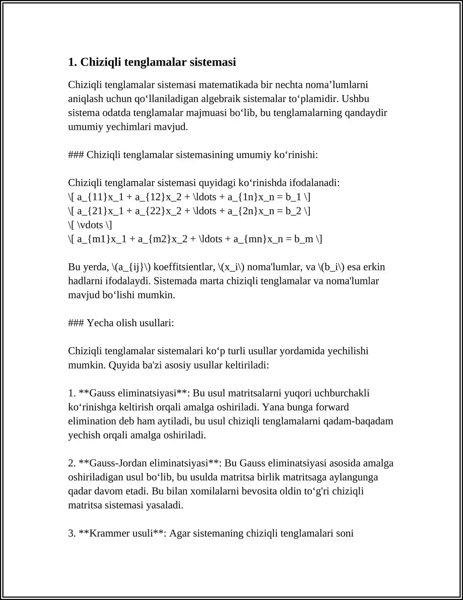 MASHINALI O'QITISH UCHUNCHIZIQLI ALGEBRA. CHZIQLI ALGEBRA MASALALARINI DASTURLASH 3