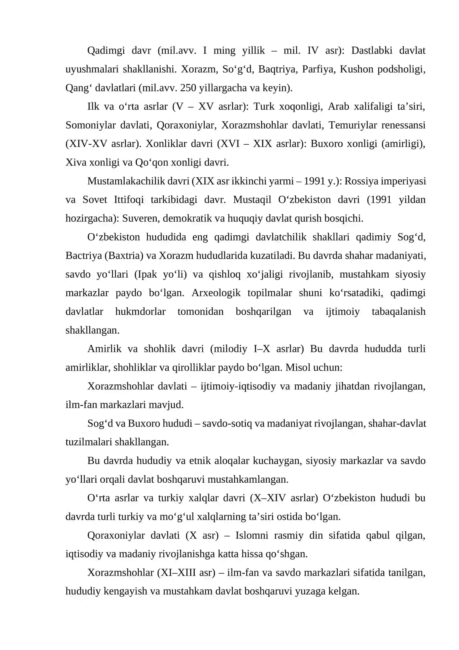 O‘ZBEK DAVLATCHILIGINING TARIXIY BOSQICHLARI (O'ZBEKISTON HUDUDIDAGI DAVLATLAR TARIXI MISOLIDA) 3