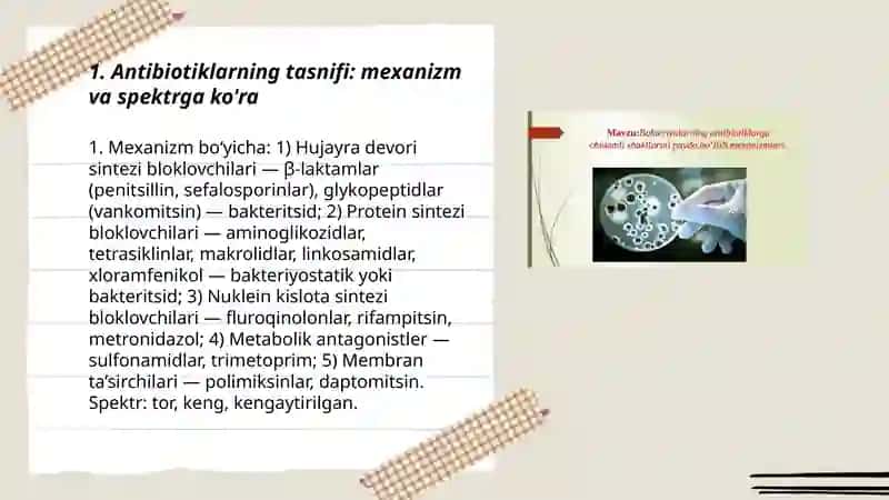 Kimyoterapiya va antibiotiklar,tasnifi,talablari,asoratlari,bakteriyalarning antibiotiklarga sezgirligini aniqlash usullari 3