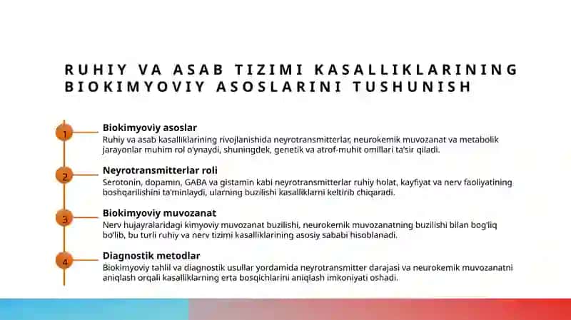 Ruhiy va asab tizimi kasalliklarining biokimyoviy asoslari va ularning o‘rganilishi 3