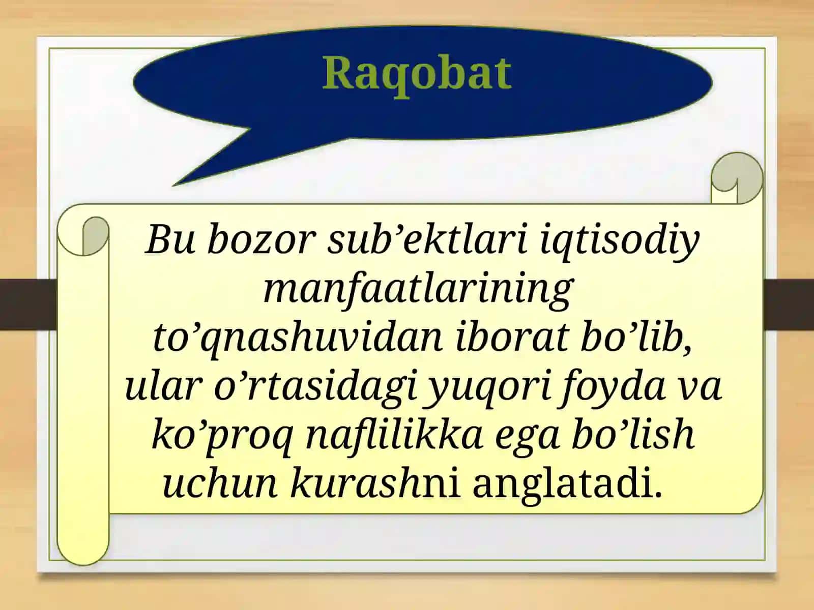 стратегиялар 8.1. Рақобат тушунчаси ва моҳияти, рақобат турлари. 8.2. устунлик тушунчаси. 8.3. Товарни рақобатбардошлигини ошириш йўллари 8.4. Рақобатчилик стратегияларини танлаш 3