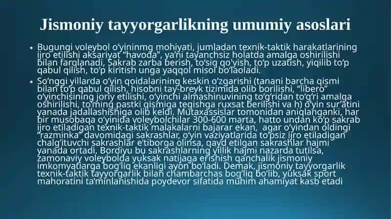 Voleybolo’yini dastayyorgarlikturlarini o’rniva ahamiyati 3