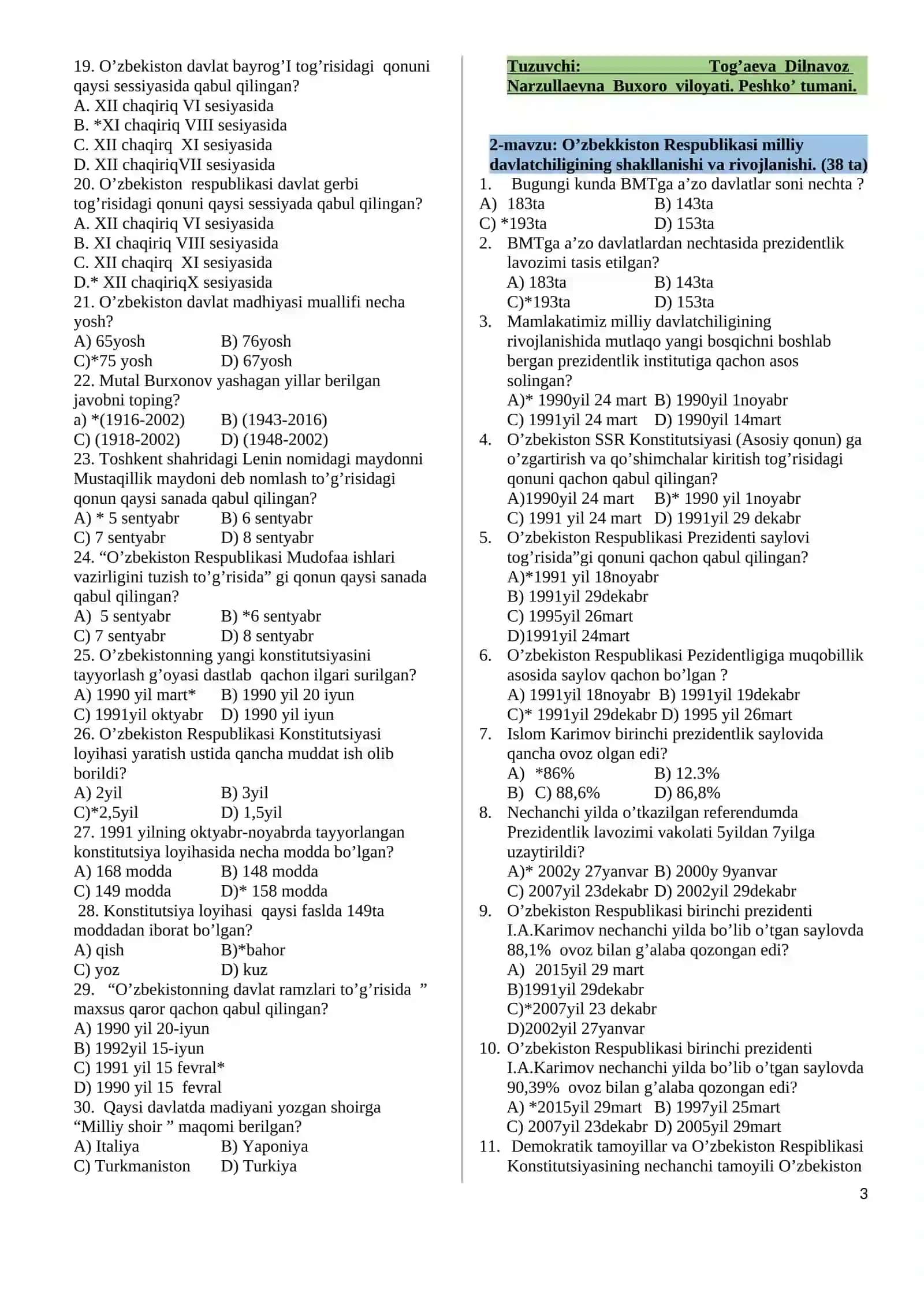 11-sinf O’zbekiston tarixi darsligi yuzasidan mavzulashtirilgan test to’plami 3