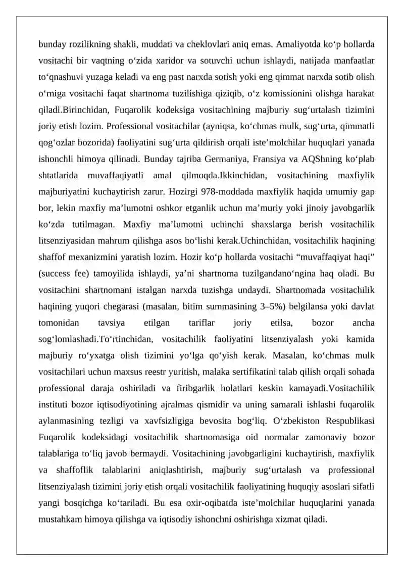 Vositachilik faoliyatini amalga oshirishning fuqarolik - huquqiy asoslarini takomillashtirish 3