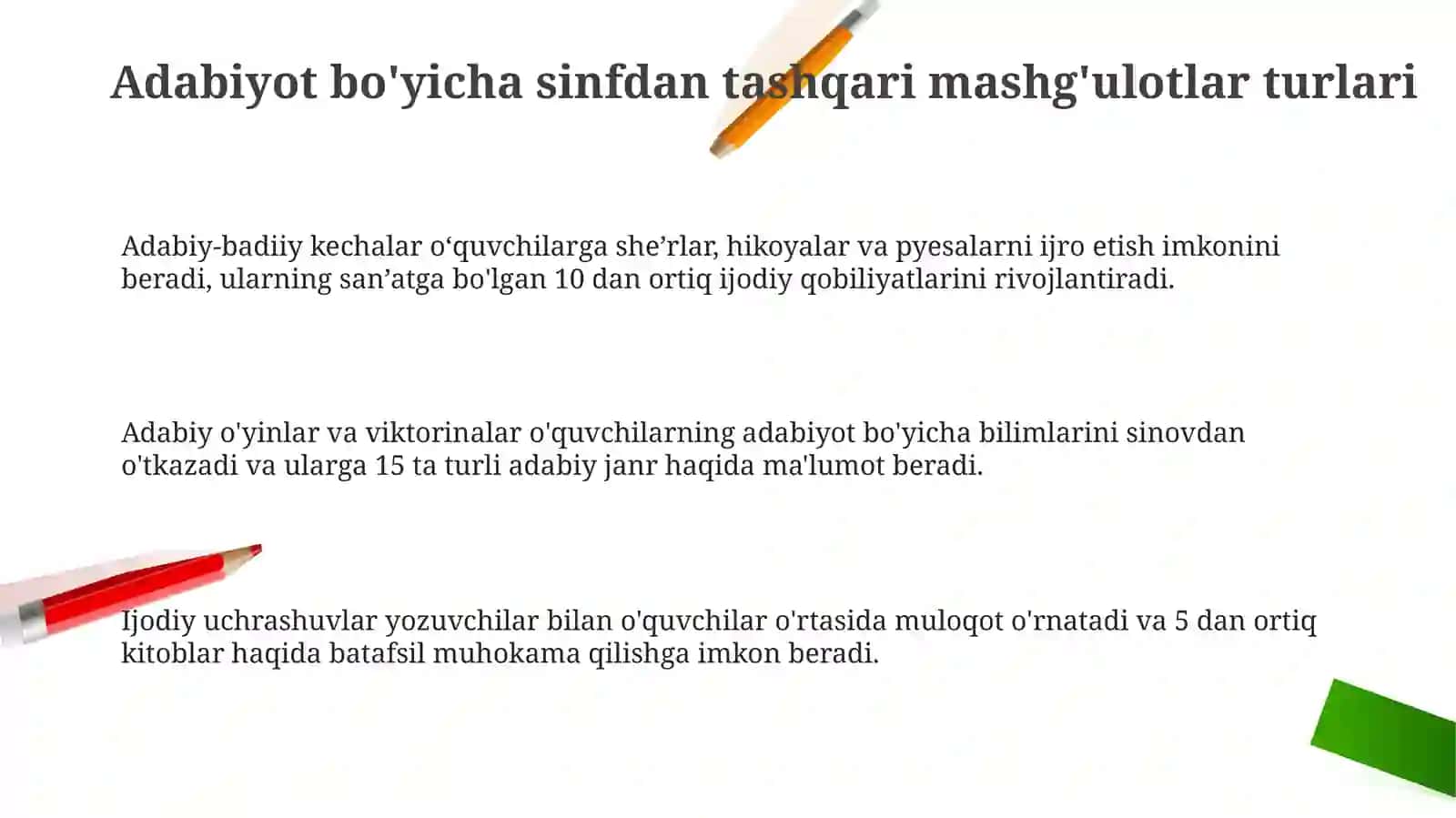 Adabiyot bo'yicha sinfdan tashqari mashg'ulotlar turlari va tashkil etish tamoyillari 3