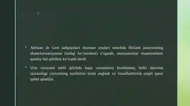 Fikrlash jarayoni eksteriorizatsiyasi De Grot tadqiqotlari 3