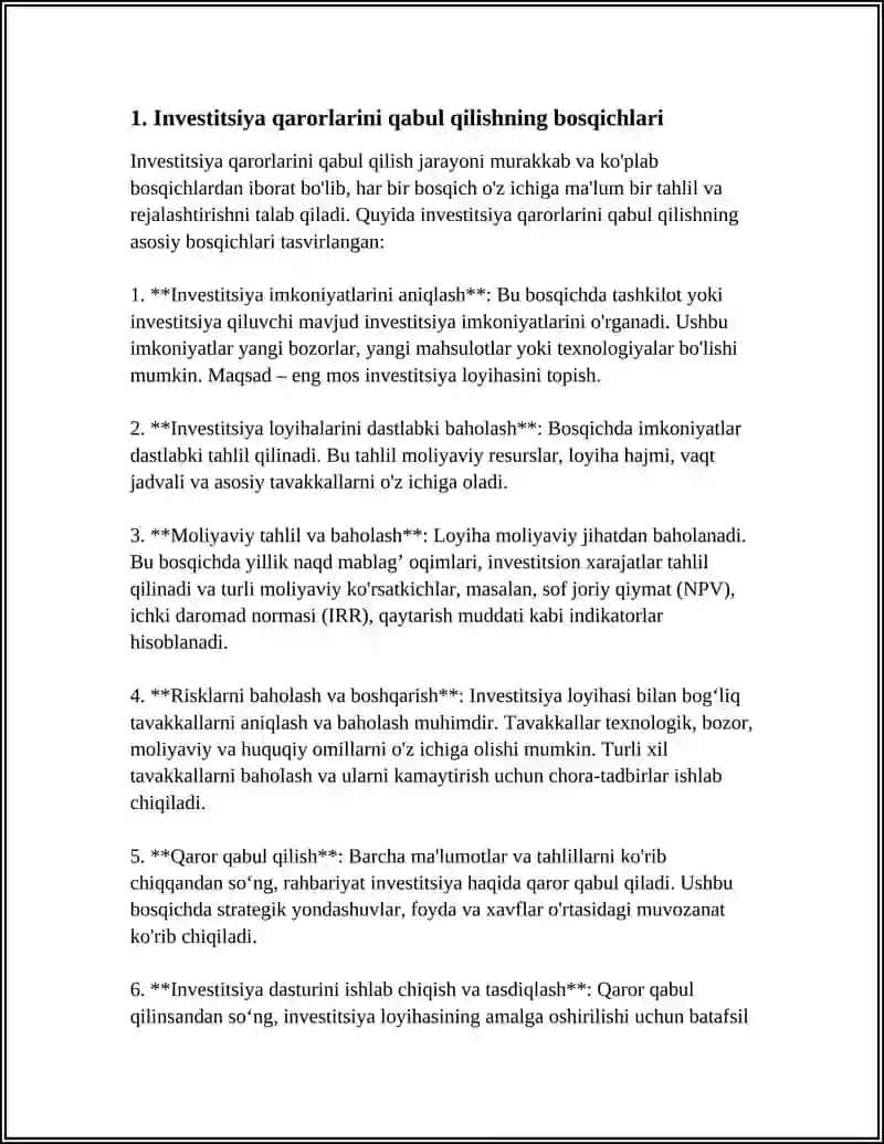 MENEJMENTDA INVESTITSIYA QARORLARINI QABUL QILISH VA ULARNING NATIJALARI 3