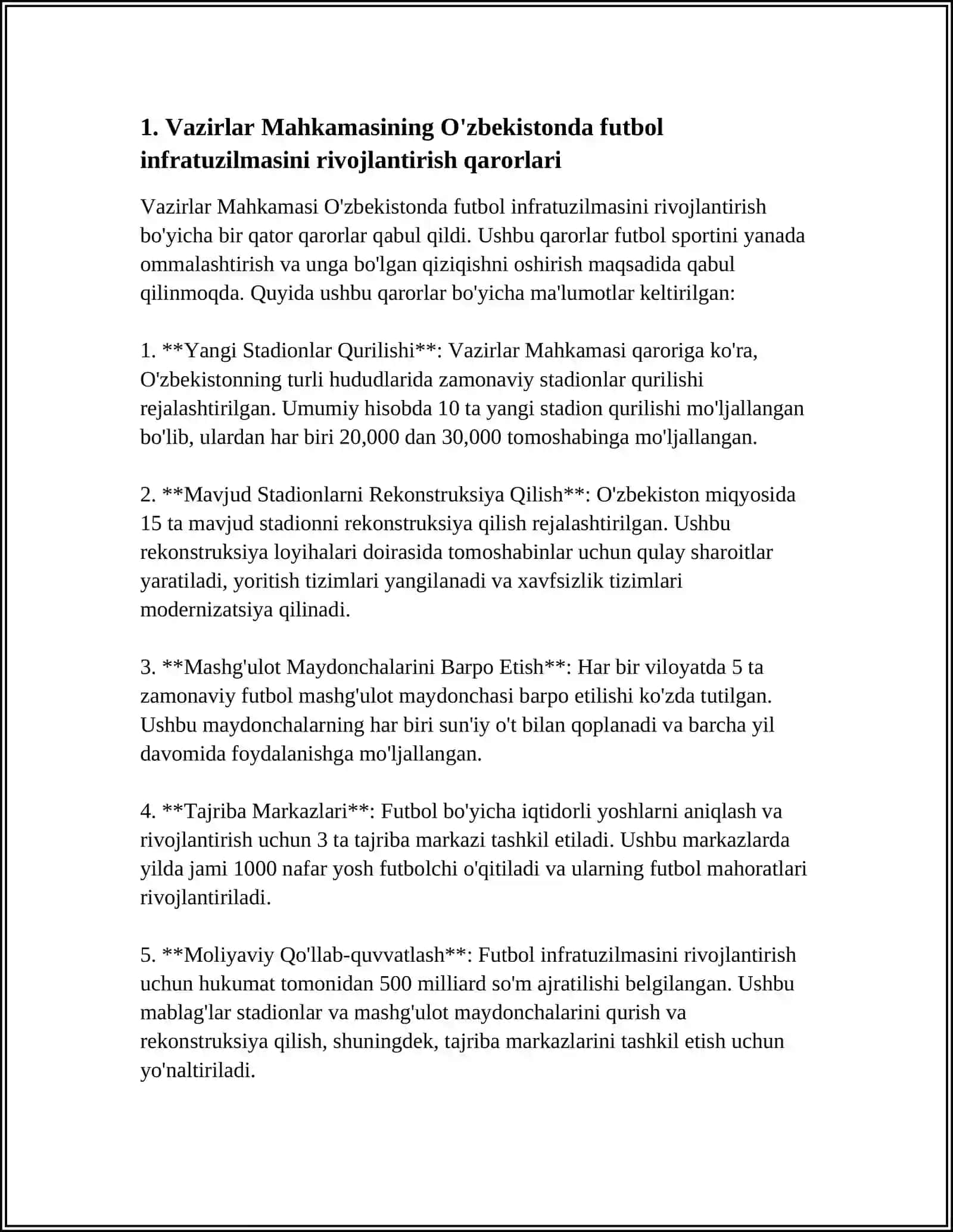 VAZIRLAR MAXKAMASINING O'ZBEKISTONDA FUTBOLNI RIVOJLANTIRISH TO'RISIDA QANDAY QARORLAR QABUL QILGAN 3