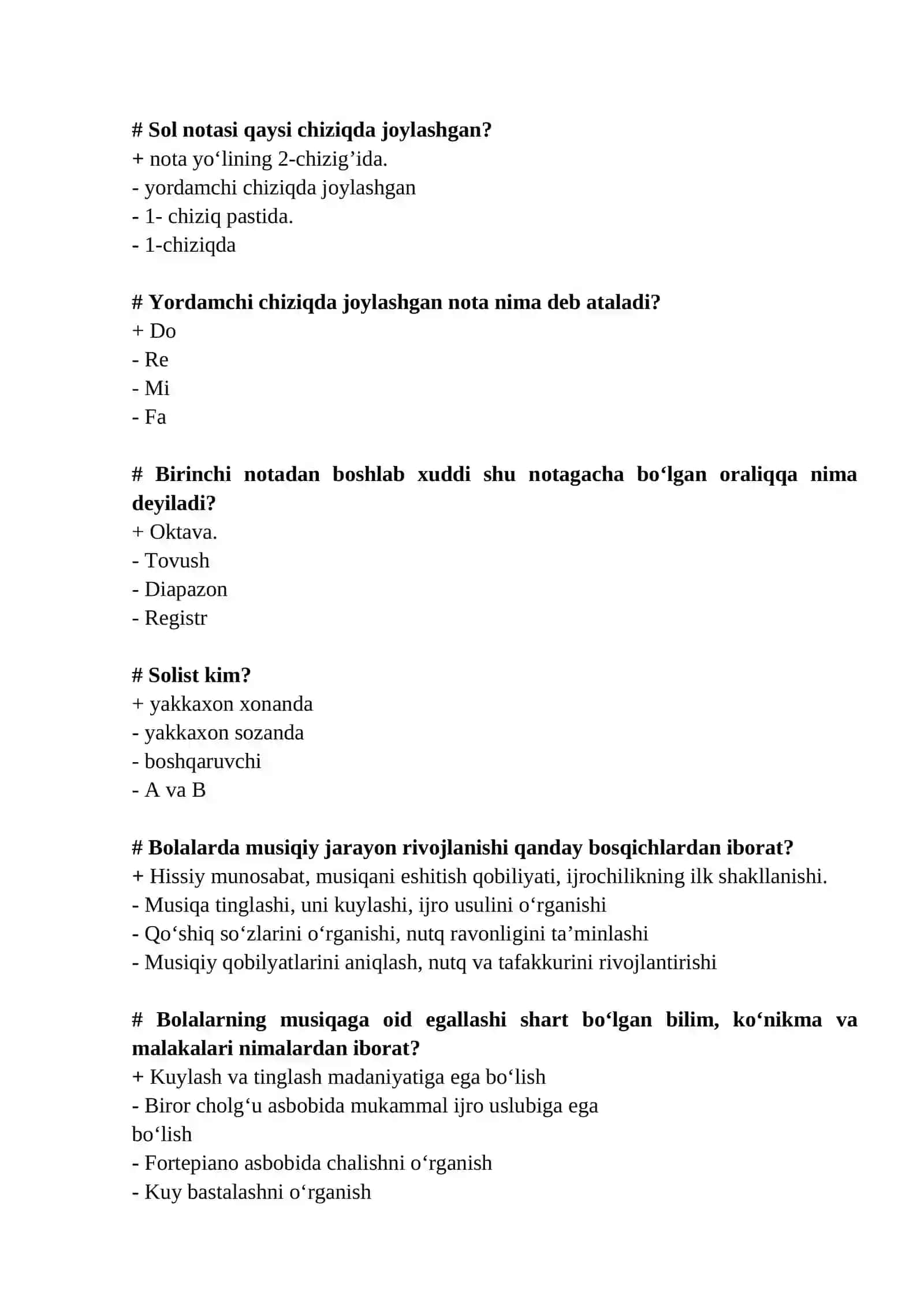 Bolalar musiqa oʻqitish metodikasi fanidan Maktabgacha ta’lim yоʻnalishi uchun yakuniy nazorat Test savollari 3