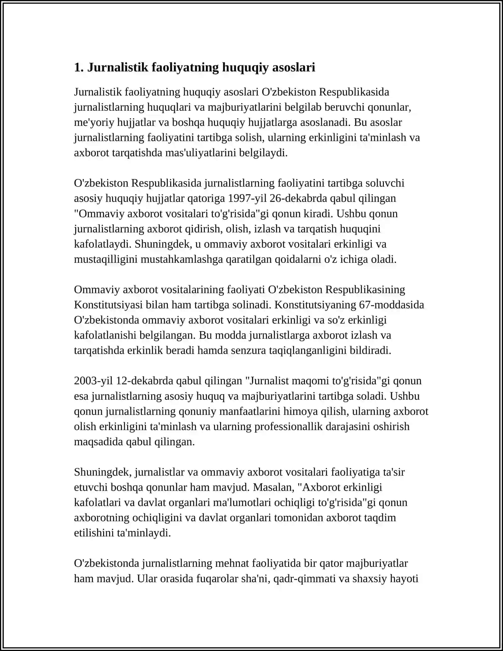 JURNALISTIK FAOLIYAT ERKINLIGI: XALQARO VA MILLIY HUQUQIY NORMALAR 3