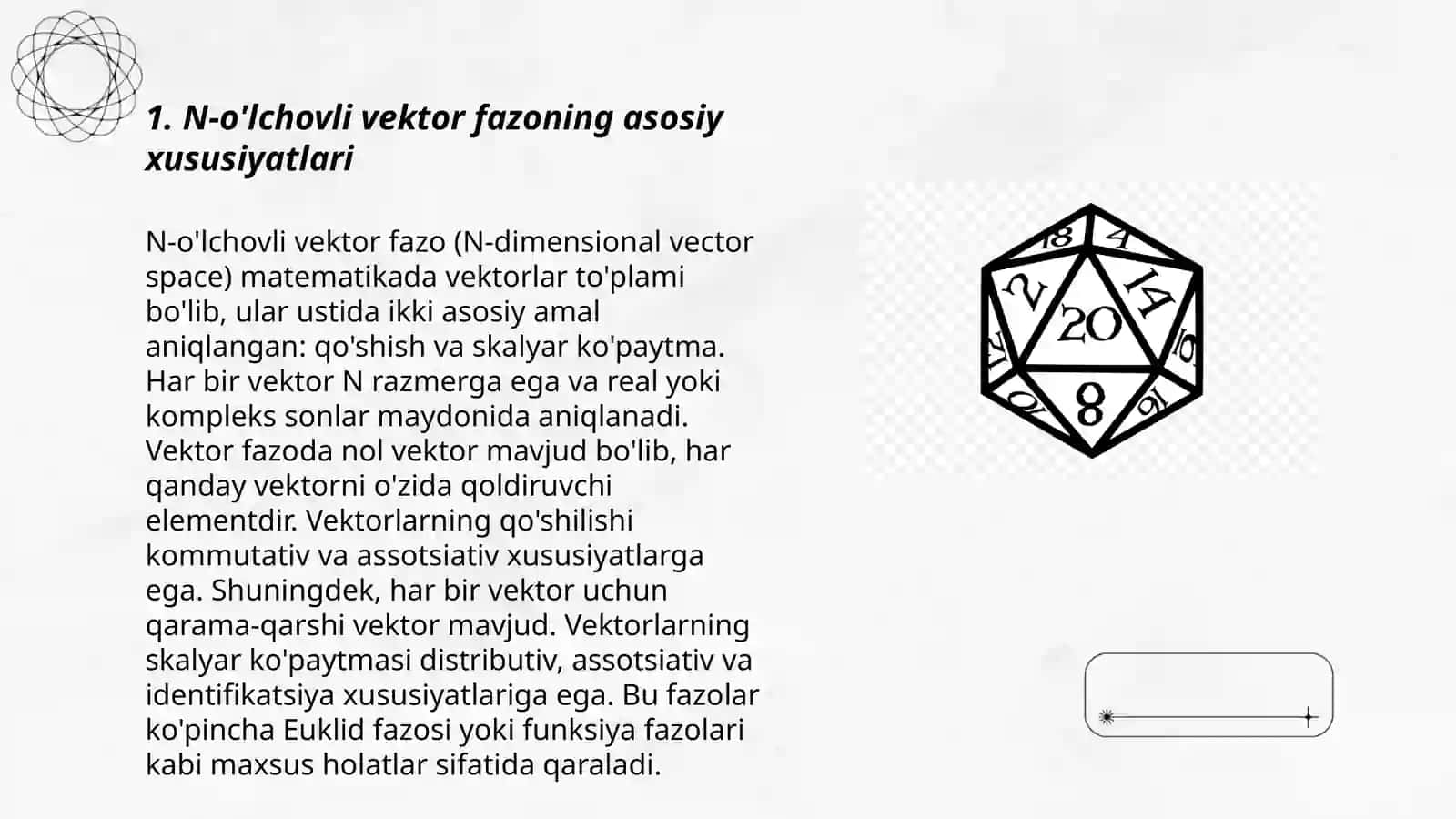 n-o'lchovli vector fazo.Chiziqli bog'liqlik.Bir jinsli chiziqli tenglamalar sistemasi.fundamental yechimlar 3