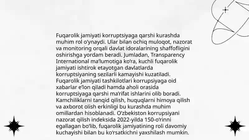 Korupsiyaga qarshi kurashish fuqorolik jamiyatini asosiy sharti 3