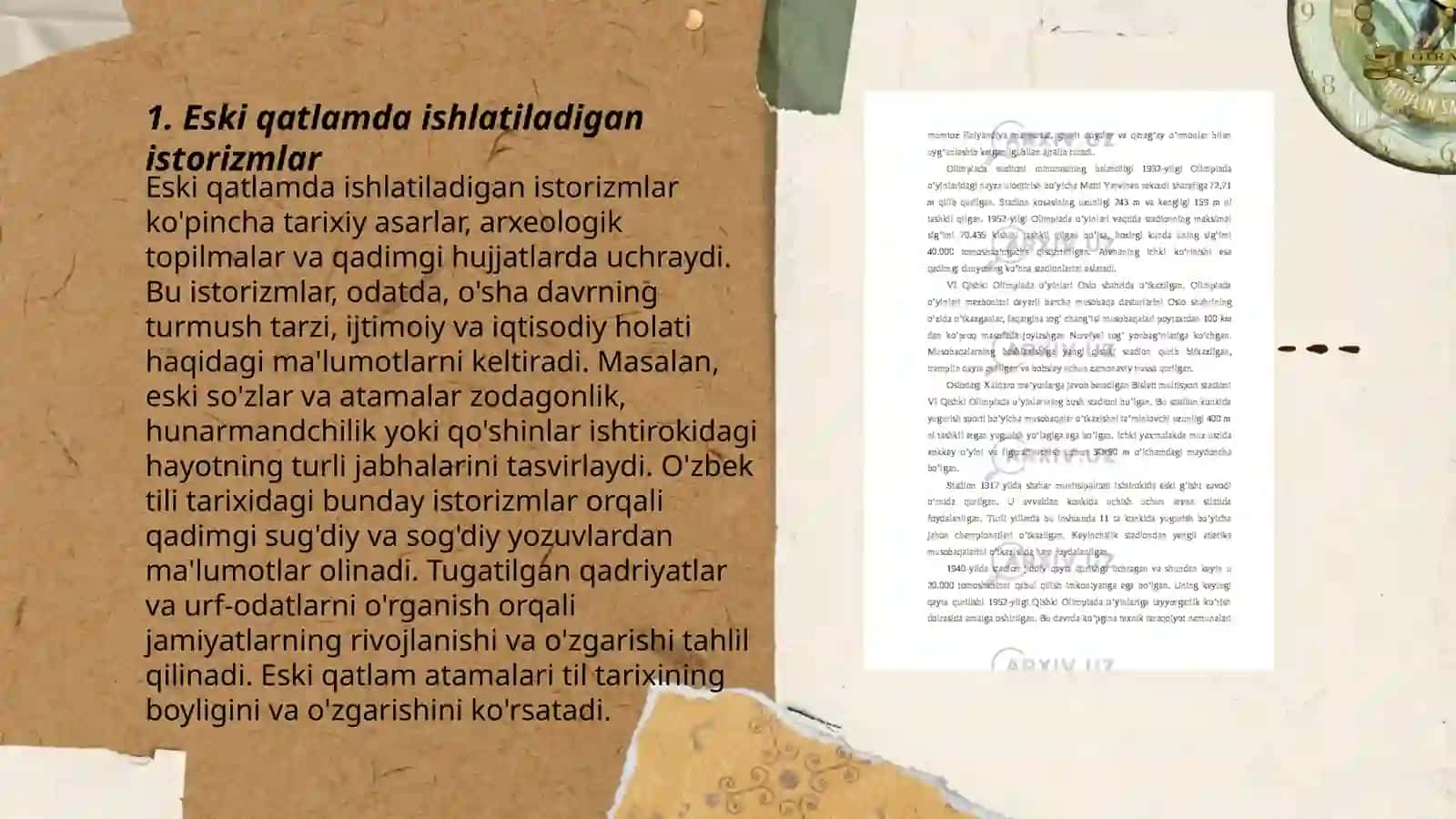 Eski qatlam:istorizmlar va arxaizmlar. Yangi qatlam:neologizmlar. Fraziologik birliklar Shahobiddinova Mehribonu 3