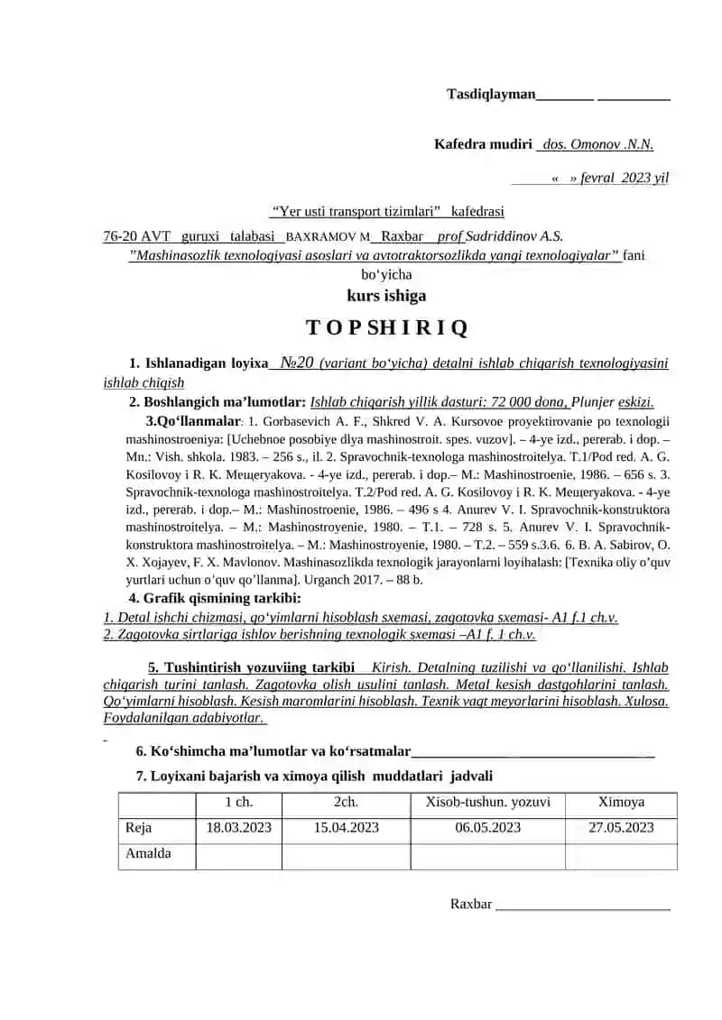 "Mashinasozlik texnologiyasi asoslari va avtotraktorsozlikda yangi texnologiyalar" kurs ishiga 3