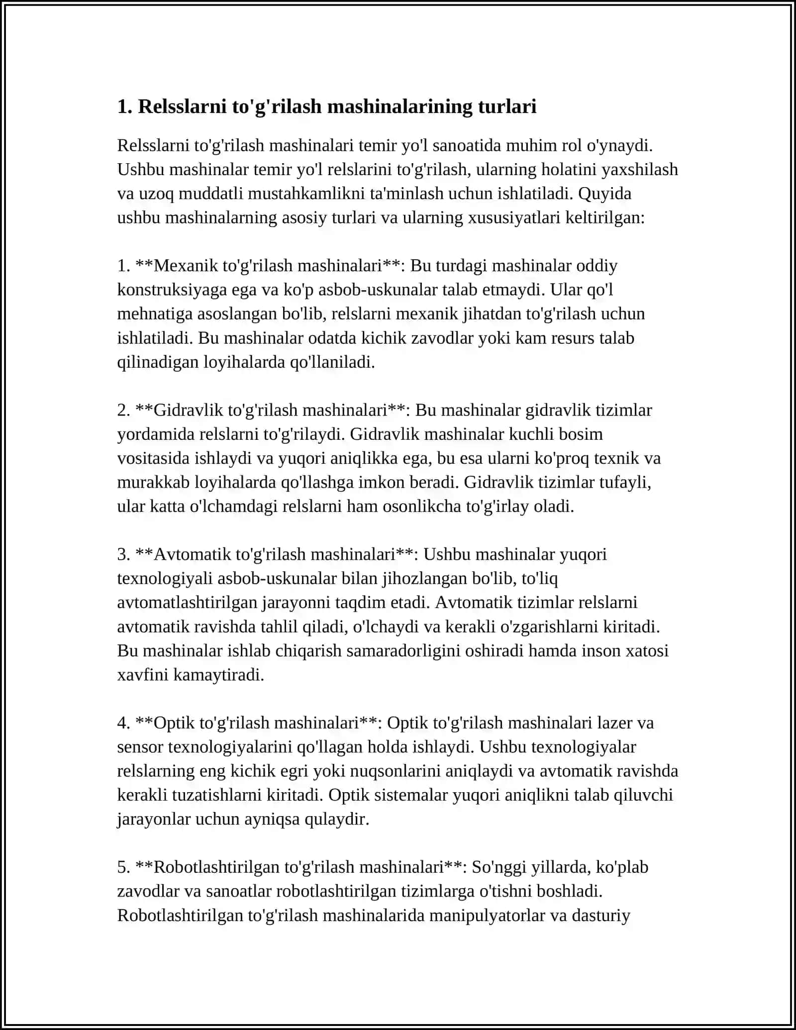 RELSLARNI TO'G'RILASH MASHINALARINI ISHLATISH VA TEXNIK XIZMAT KO'RSATISH ASOSLARI 3