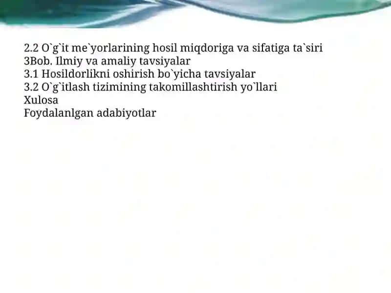 Murakkab o`g`itlarning me`yorlarini qishloq xo`jalik ekinlari hosili va sifatiga ta`siri 3