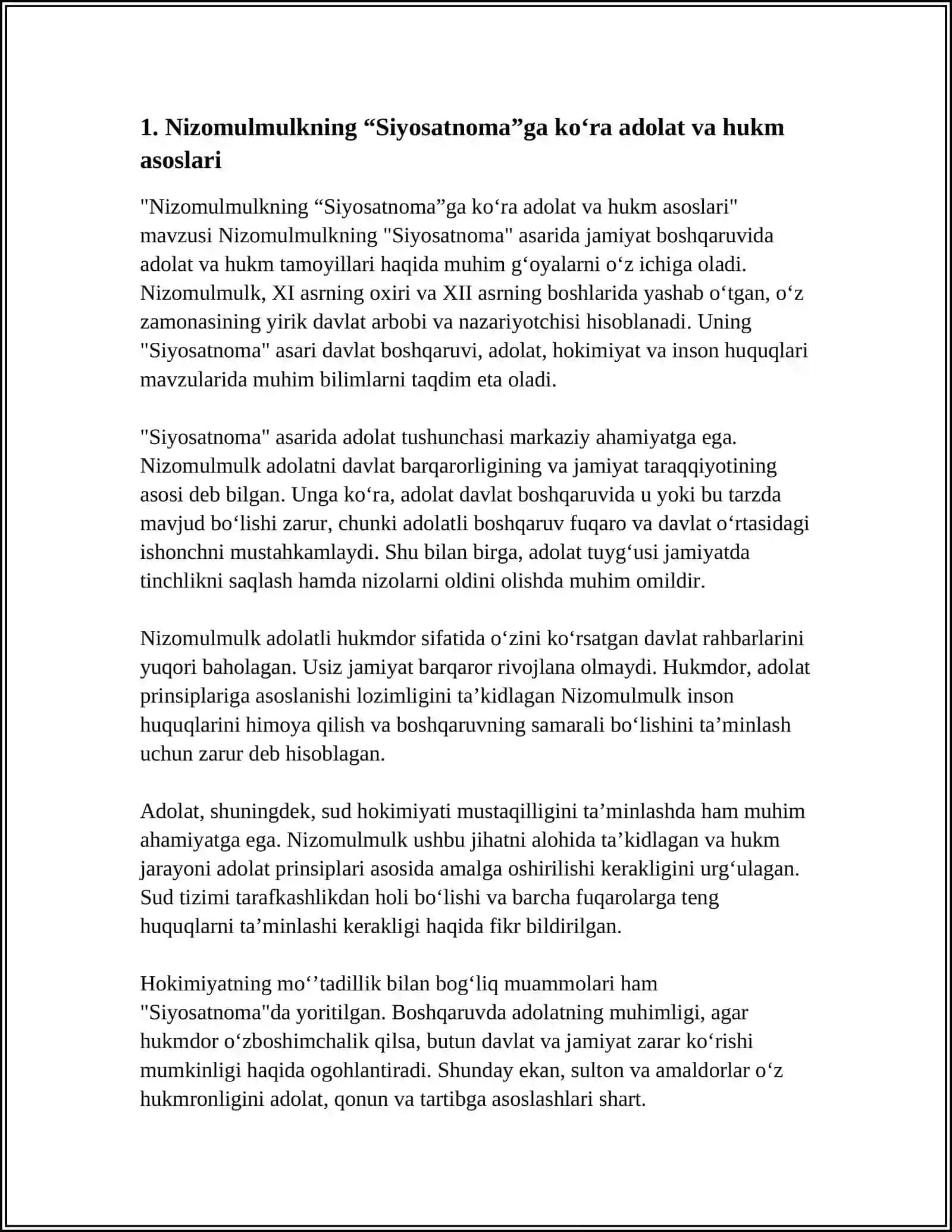 Nizomulmulkning “Siyosatnoma”ga ko‘ra adolat va hukm asoslari 3