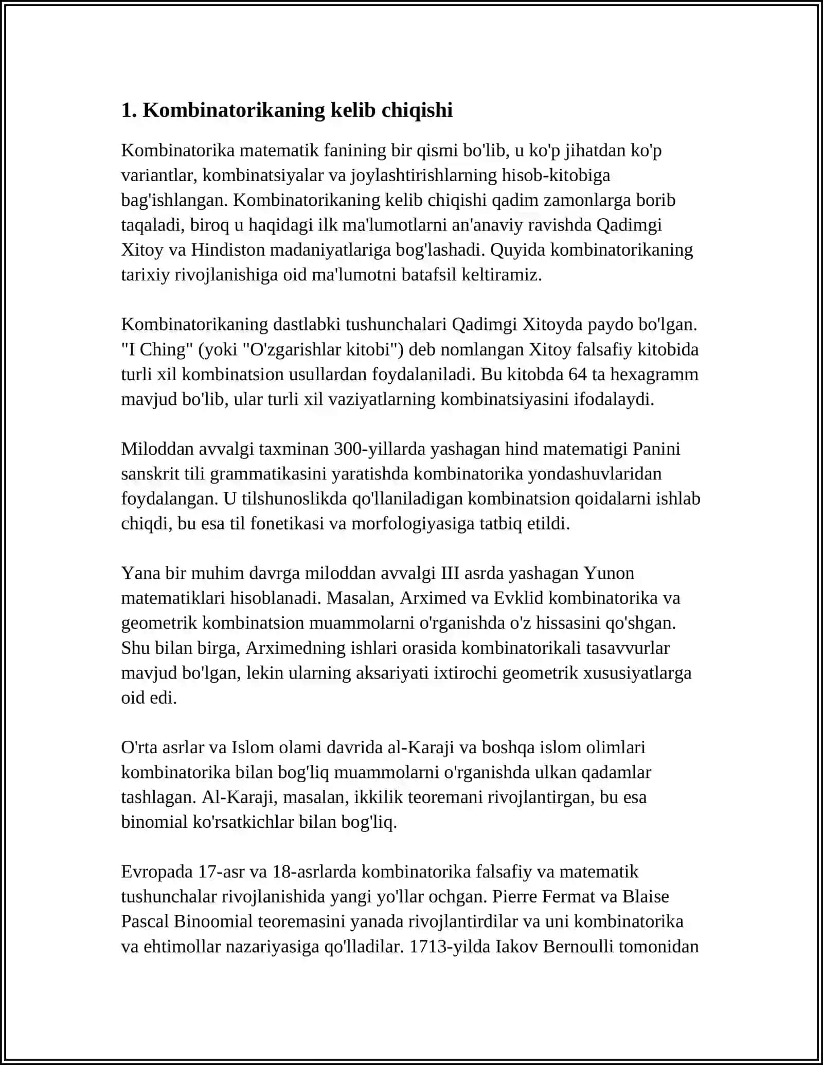 KAMBINATORIKA FANI RIVOJLANISH TARIXI REFERAT 3