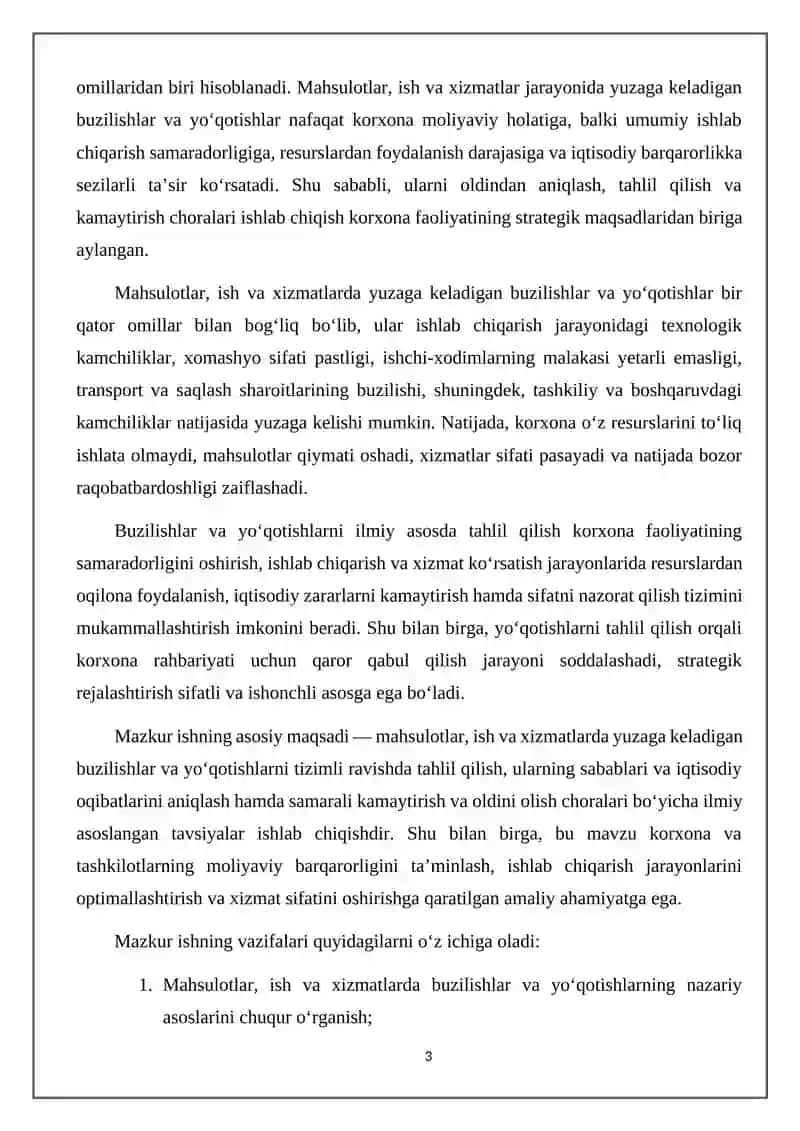 Mahsulot (Ish, Xizmat) Larning Buzilishi va Yo'qotishlar Tahlili 3