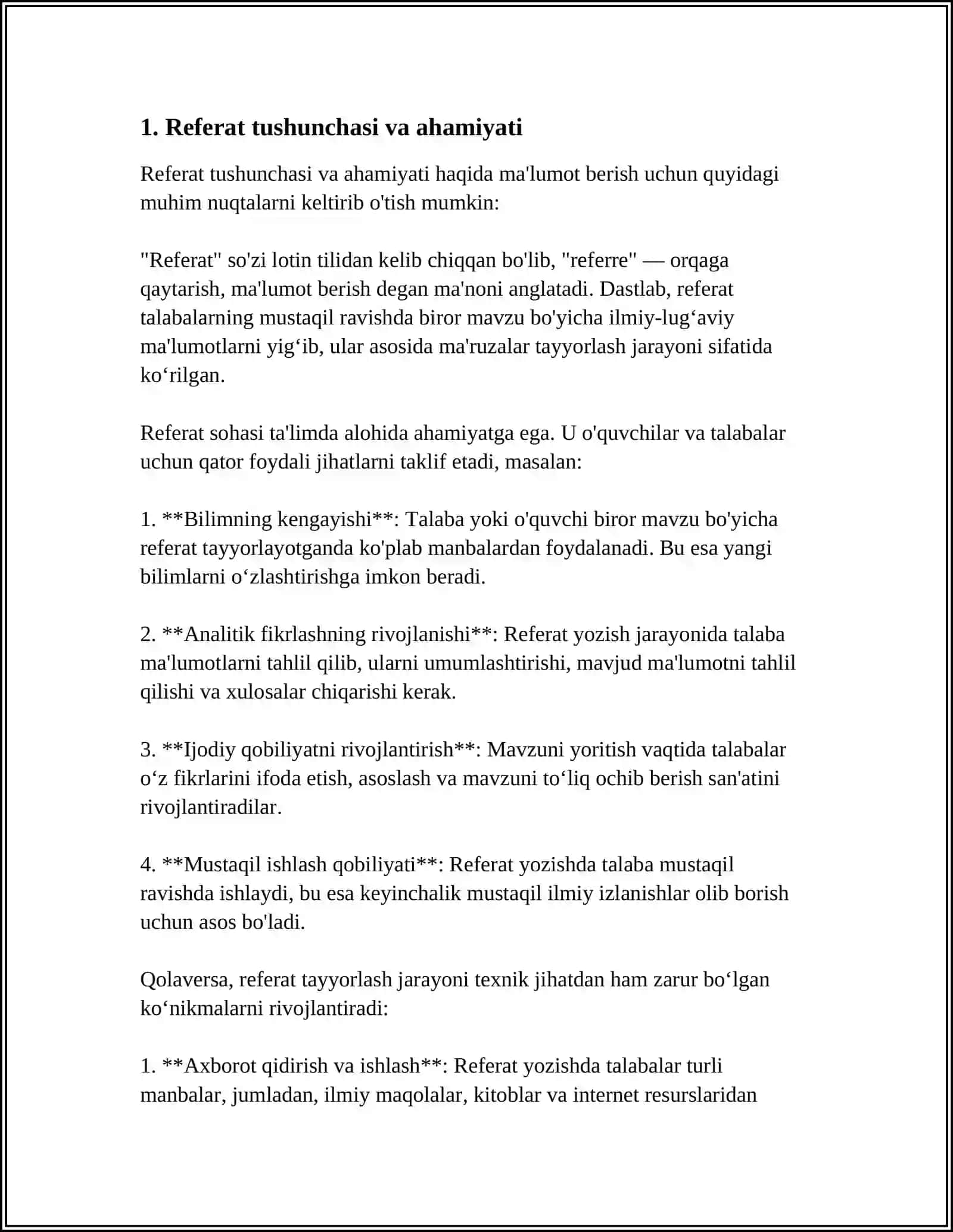 REFERAT TUSHUNCHASI VA TURLARI, TARKIBI. REFERAT YOZISHDAGI ASOSIY XATOLIKLAR. RASMIYLASHTIRISH TALABLARI 3