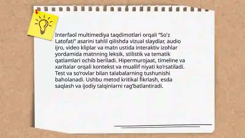 Erkin Vohidov "So'z Latofati"asarini innavatsion metodlarr asosida tushuntirish 3