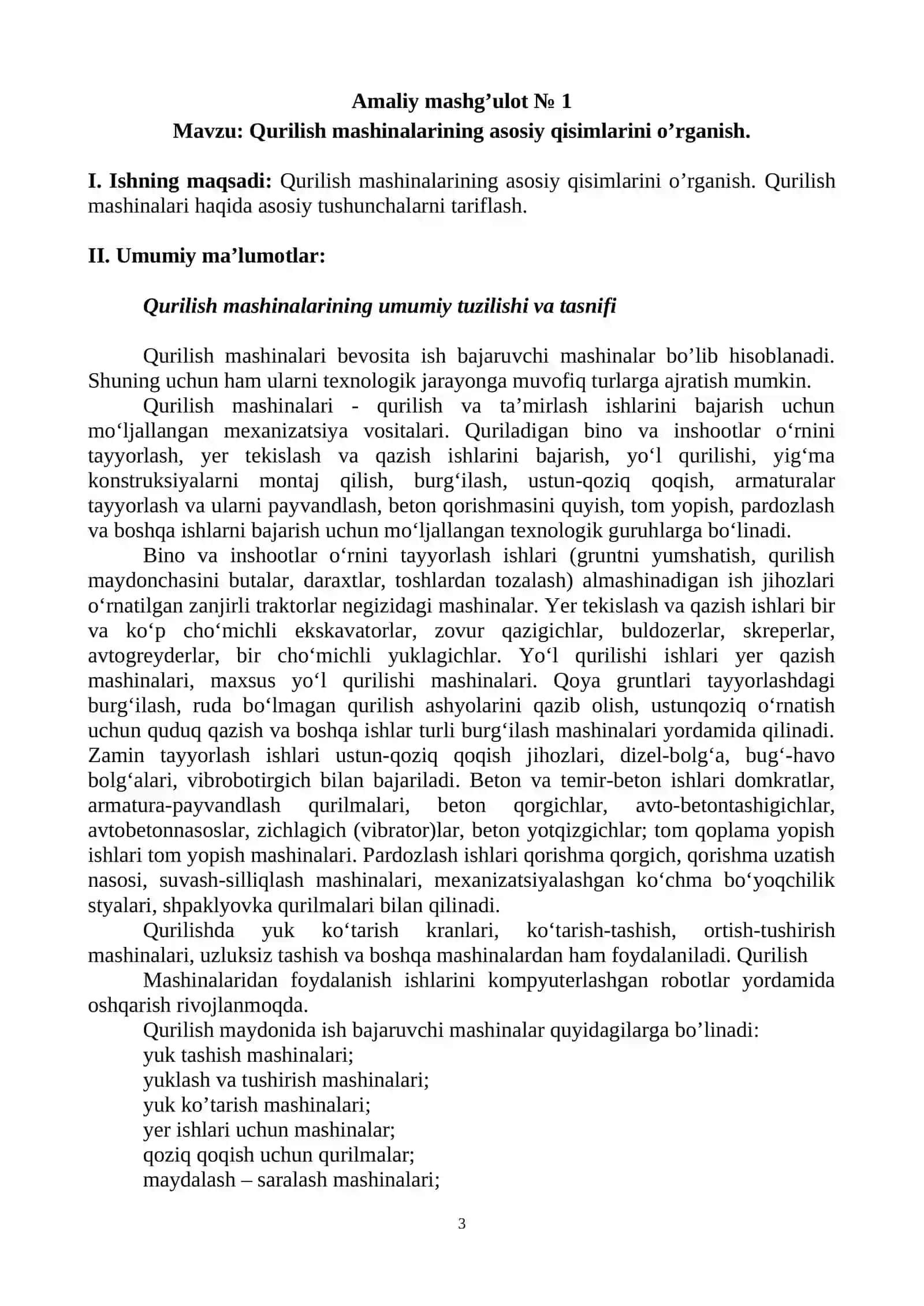 Qurilish mashinalari fanidan amaliy mashgʻulotlarni bajarish boʻyicha 3