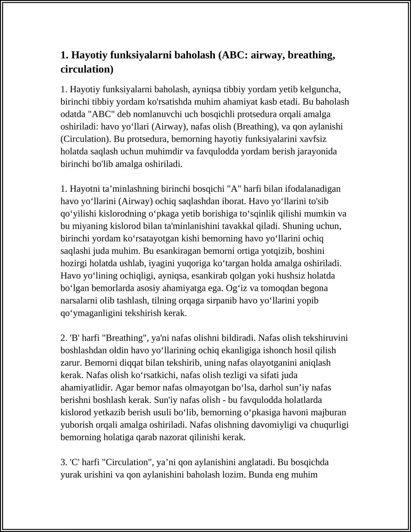 TEZ TIBBIY YORDAM KELGUNGA QADAR BIRINCHI TIBBIY YORDAMNI KO’RSATISH 3