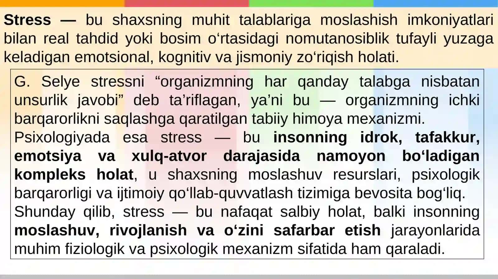 Stress, travmadan keyingi stress. Qayg‘u va yo‘qotish tajribasi. Qurolli mojarolardan jabrlangan bolalar, o‘spirinlar va ayollar bilan ishlashning o‘ziga xos jihatlari 3