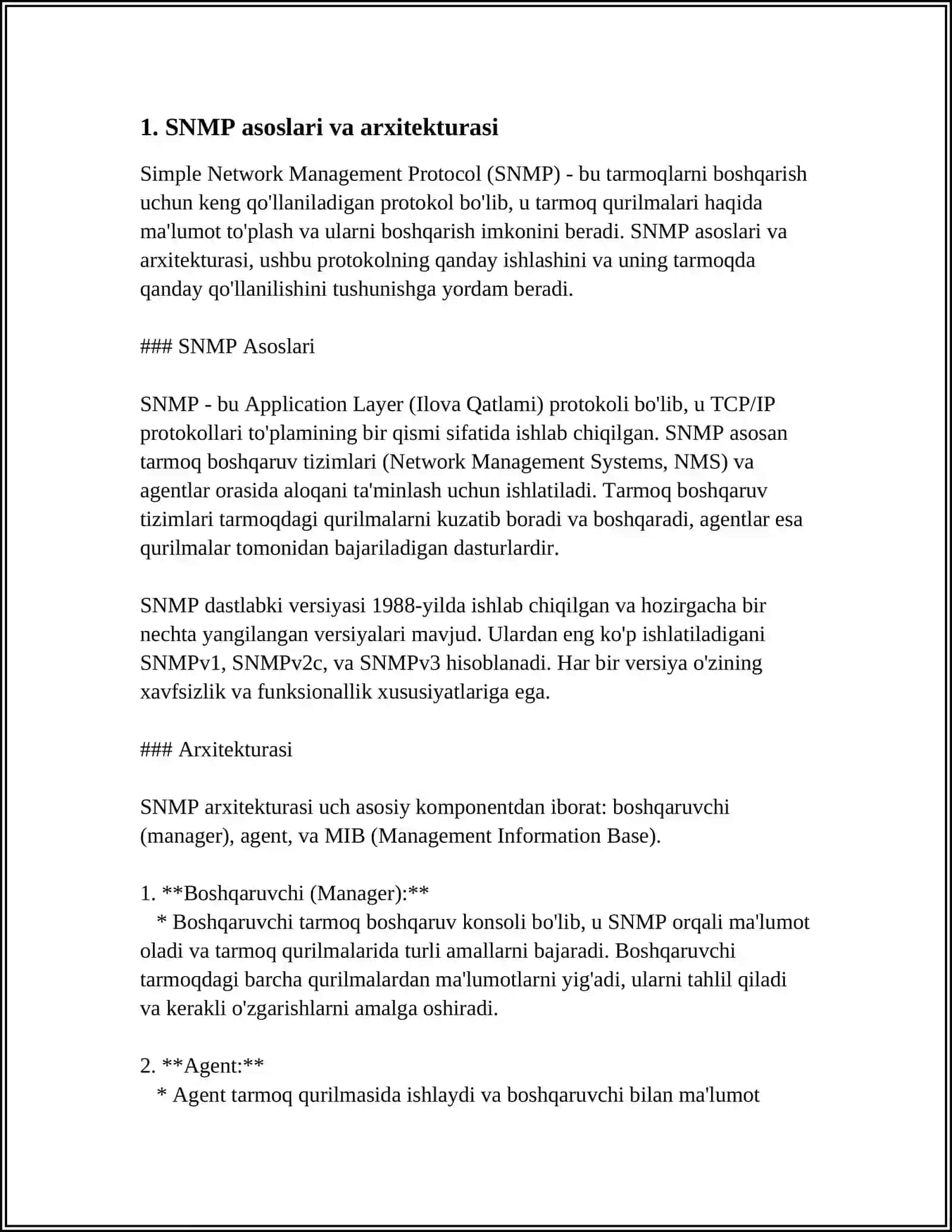 HUJJATLI TARMOQ BOSHQARUVI: SNMP VA BOSHQA TARMOQ BOSHQARUV PROTOKOLLARI 3