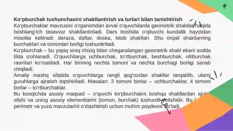 Koʻpburchaklar perimetri hamda yuzasini hisoblash.Perimetr va yuza oʻlchov birliklari va ular orasidagi bogʻlanishga doir masalalar yechish. 3