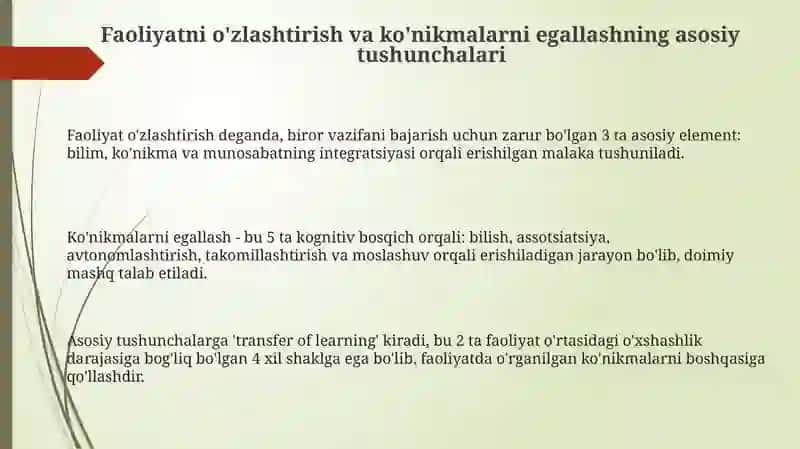 Faoliyatning oʻzlashtirilishi va malakalarni egallash 3