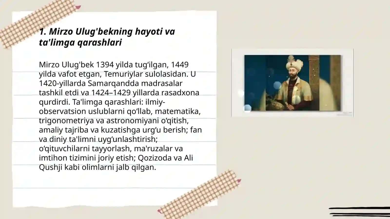 Mirzo Ulug'bekning pedagogik g'oyalari va ta'lim rivojidagi xizmatlari 3