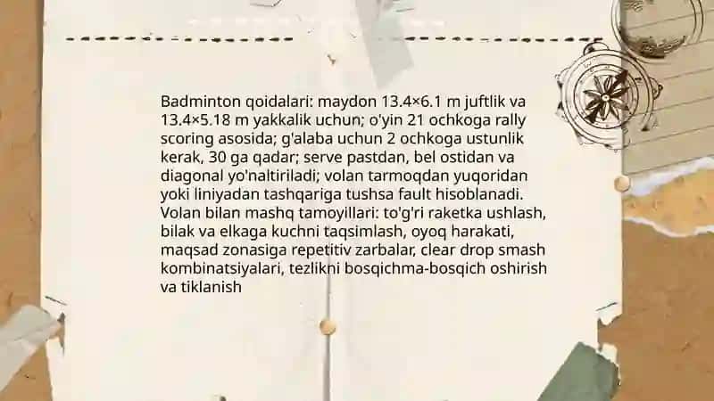 Badmintol oyini qoidalar Volan bilan maxsus mashiqlar 3