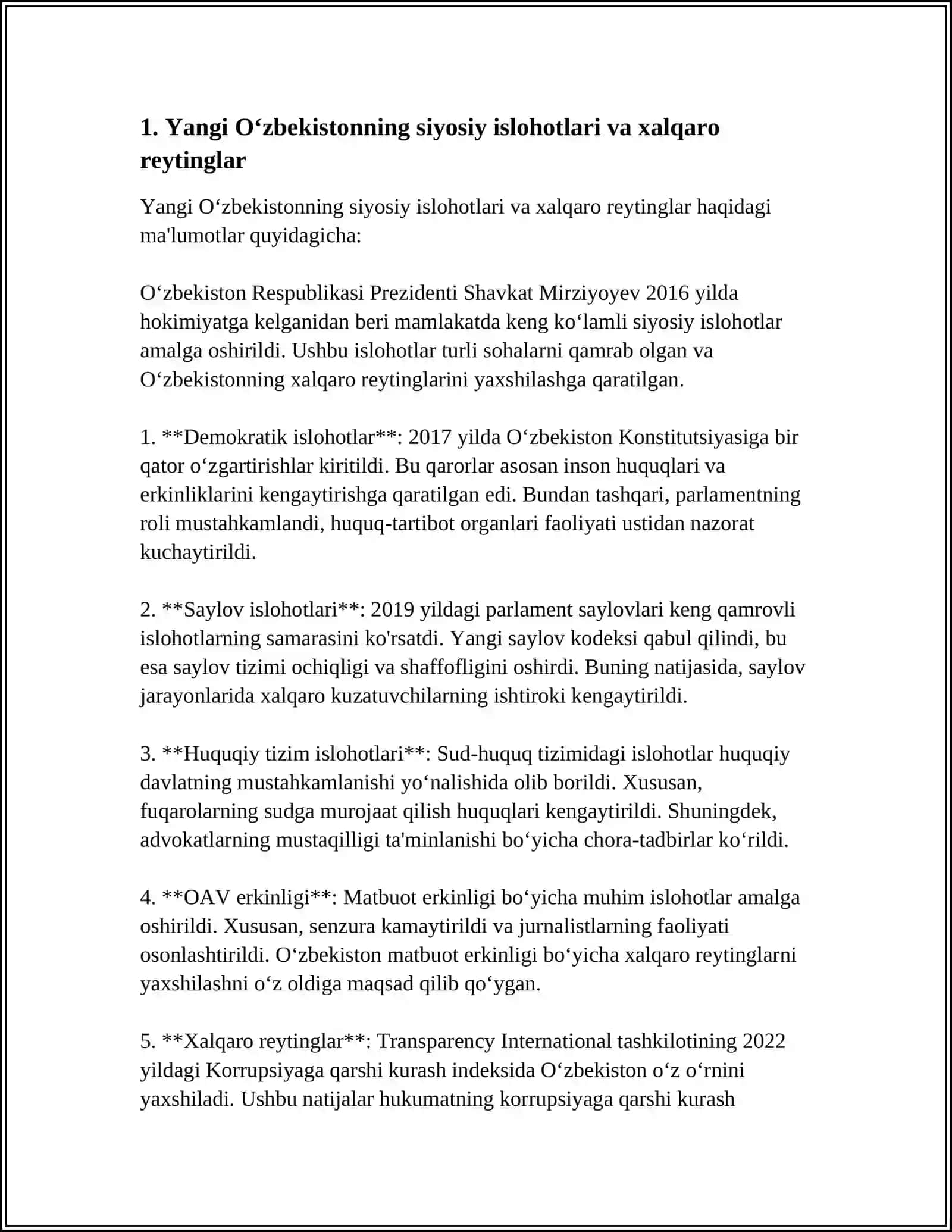 YANGI OʻZBEKISTON ISHTIMOIY -SIYOSIY, IQTISODIY VA MADANIY HAYOTIDA ROʻY BERAYOTGAN OʻZGARISHLARNING XALQARO REYTING VA INDEKSLARDA AKS ETISHI 3
