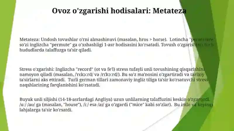 Metateza: Undosh tovushlar o'rni almashinuvi va misollari 3